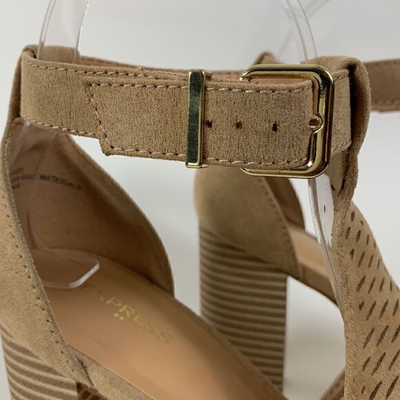 EXPRESS chunky block heel shoes tan size 8 peep toe - Picture 4 of 8